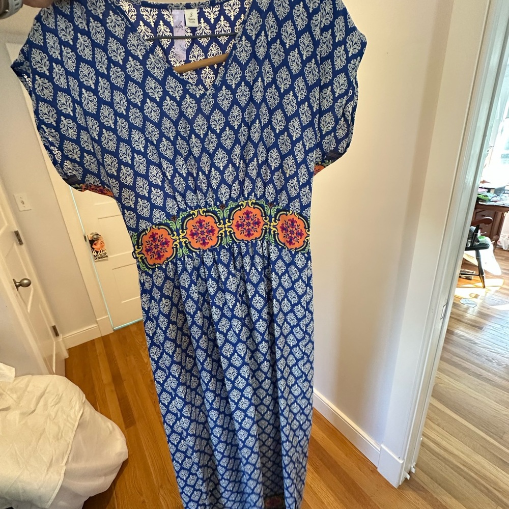 Alya Blue and White Maxi Dress with Floral Detail